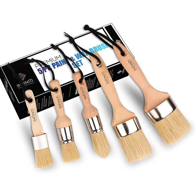 Bristello 5pc Chalk & Wax Paint Brush Set. Flat Furniture Paint Brush, Round and Oval Paint Brushes for Furniture, Pointed 1” Small Paint Brush.